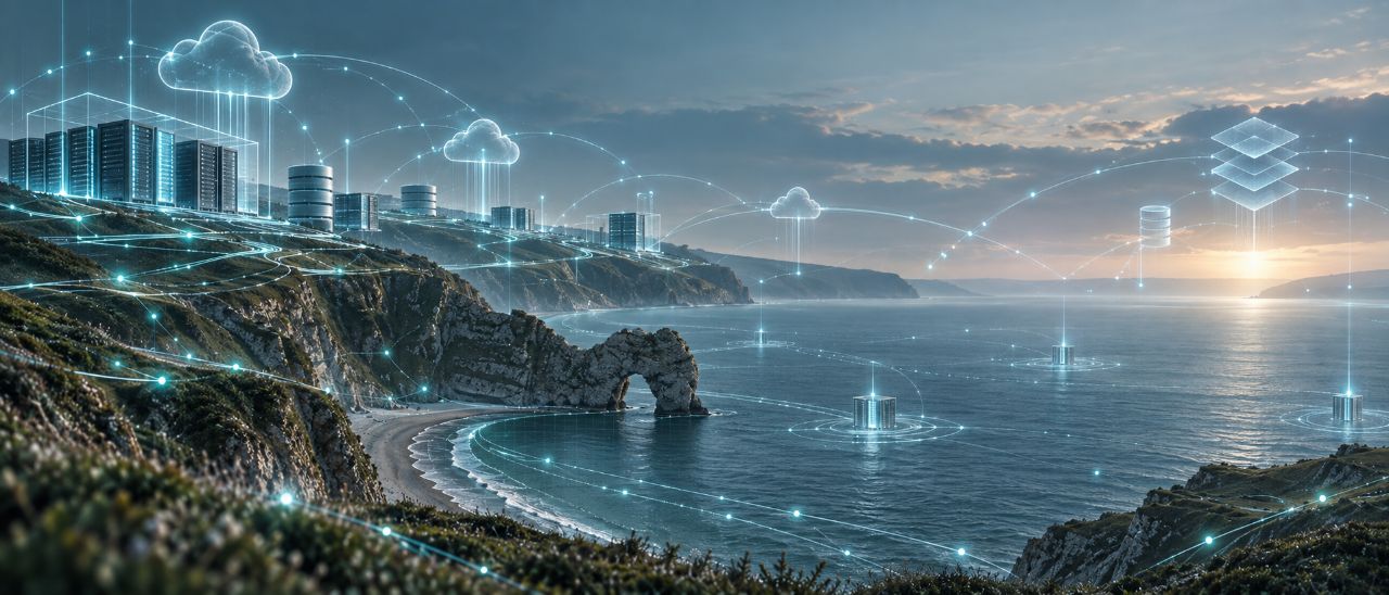 The Dorset coast at Durdle Door at dusk, with illustrated servers, databases and cloud connections drawn over the cliffs and sea