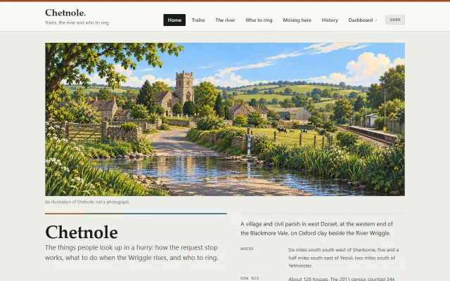 The chetnole.com front page: an illustration of the village church, a stream and the railway, over the heading Chetnole
