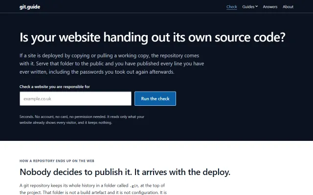 The git.guide front page, asking Is your website handing out its own source code, with a box to check a website