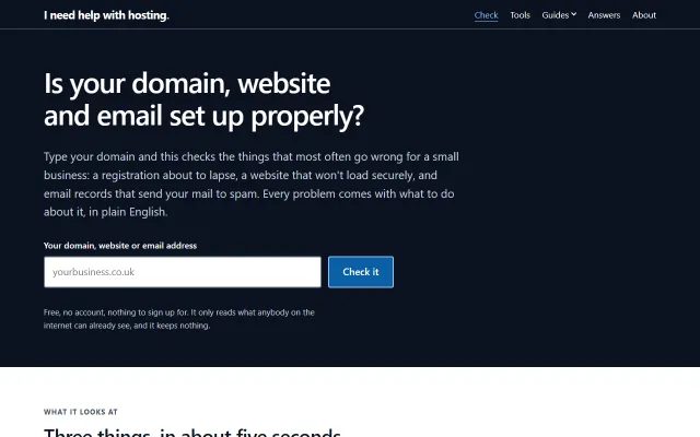 The ineedhelpwithhosting.com front page, asking Is your domain, website and email set up properly, with a box to check a domain