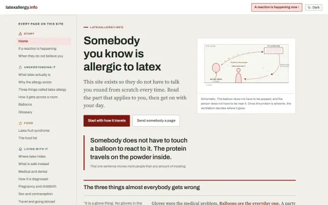 The latexallergy.info front page, headed Somebody you know is allergic to latex, with a list of pages down the left