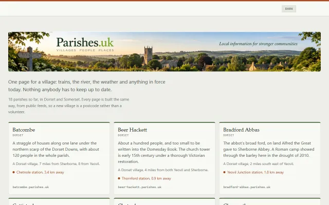 The parishes.uk front page: a banner of a Dorset village and a grid of village cards