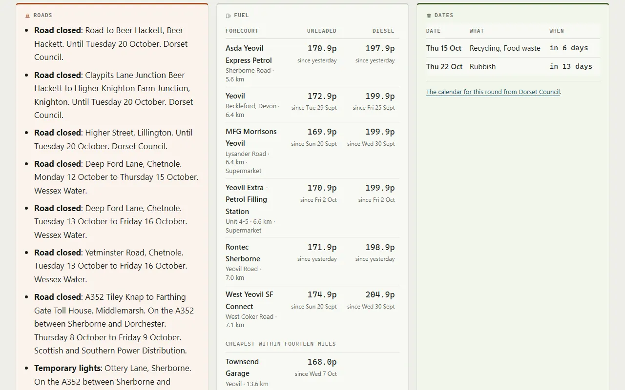 The Roads, Fuel and Dates cards on the Yetminster board: road closures around the village with their dates and who is doing the works, forecourts with unleaded and diesel prices and when each changed, and the next two bin days