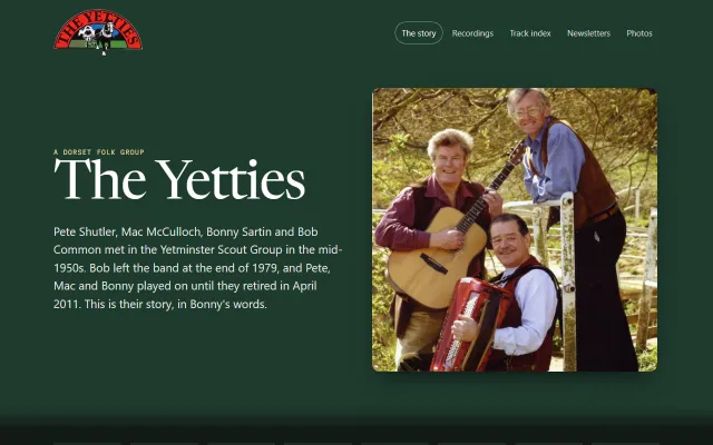 The theyetties.com front page: the band's logo, the title The Yetties and a photograph of three of them with guitar and accordion